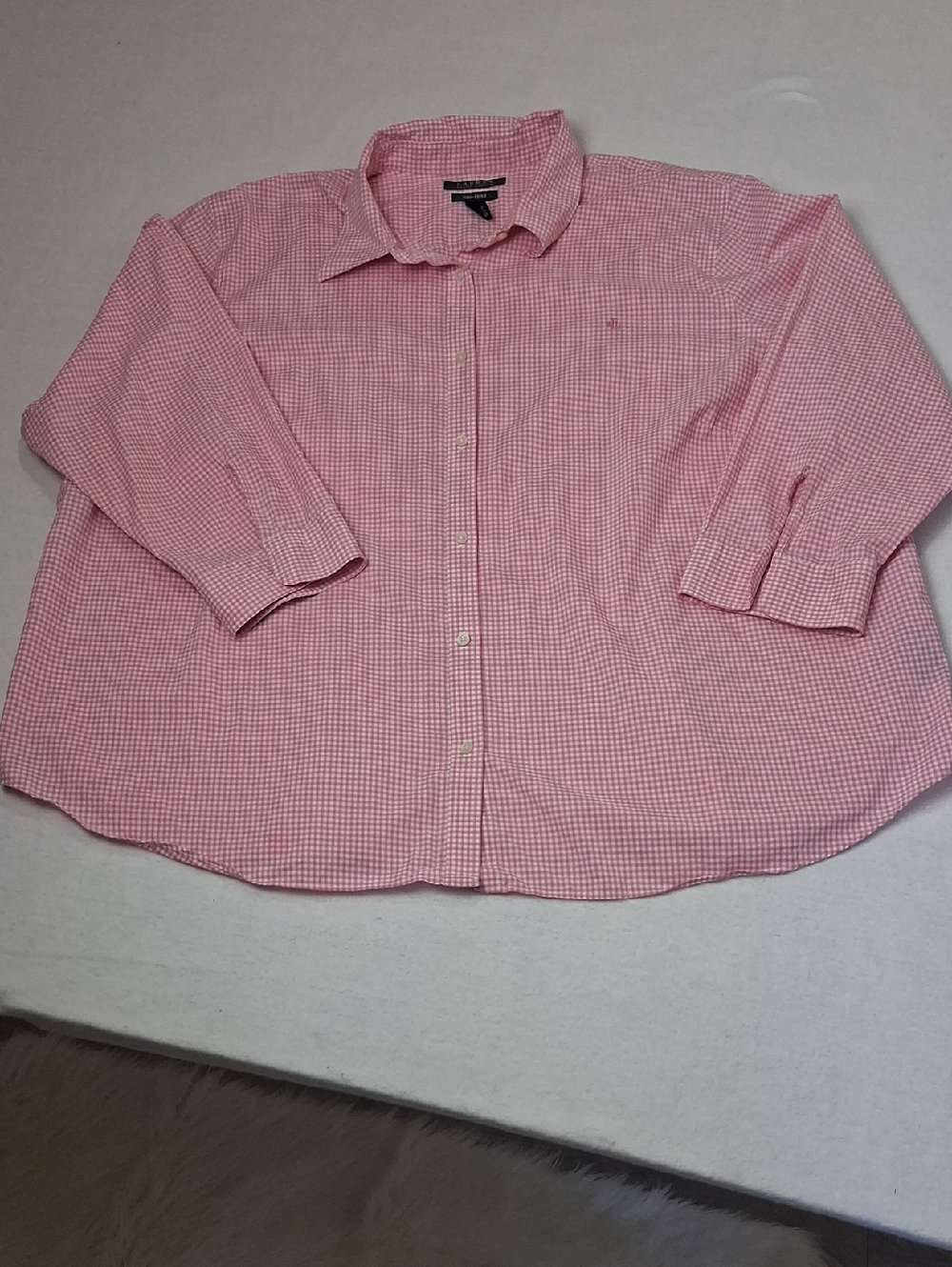 LRL Ralph Lauren Pink Gingham Sirt Blouse, 3/4 sleeve, no button cuffs, Size 3X